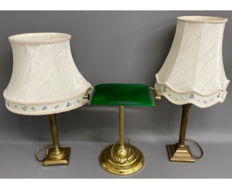 Brass library table lamp &amp; 2 brass column table lamps