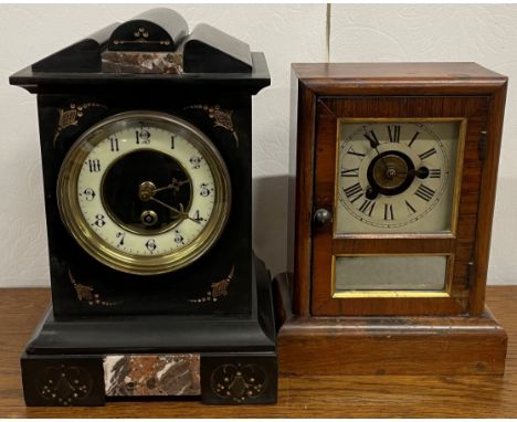 Victorian slate mantel clock &amp; small 19th century American mantel clock in a rosewood case