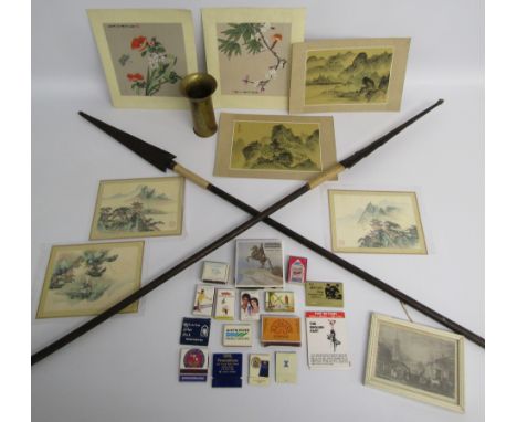 Oriental silk paintings, small Louth horse fair print, unused matchboxes, wooden spears and vase ammo shell trench art