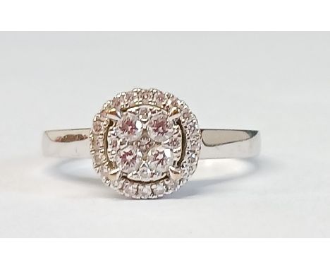 9ct white gold halo cluster ring set with 0.28ct of brilliant cut diamonds, with accompanying diamond certificate from Beaver
