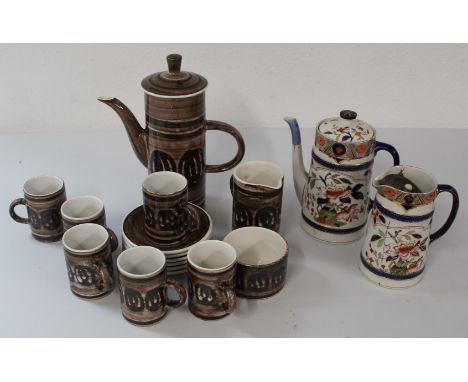 Cinque Pottery coffee set including coffee pot, milk jug, sugar bowl 6 x coffee cans and saucers, and Burleigh Ware Japonica 