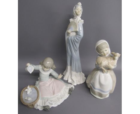 Nao figurines - lady with fan, girl bathing ducks and girl with lamb