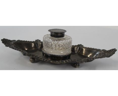 Silver mounted inkwell &amp; stand&nbsp;(tray weighs 4.63 ozt)