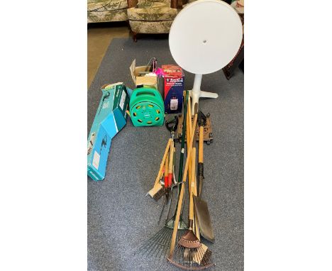 McGregory electric hedge trimmer, hose pipe, sprayers, plastic tilt top table, gardening tools. plastic stone effect wall poc