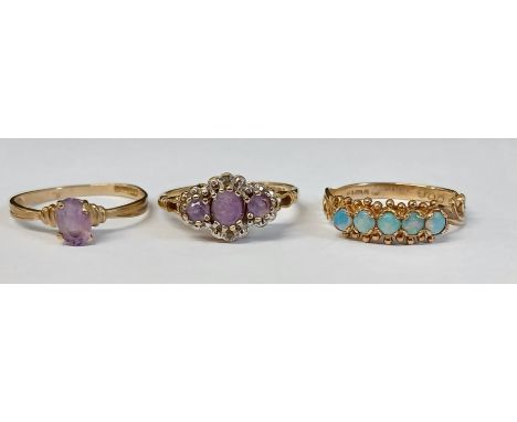 9ct gold amethyst ring, 9ct gold opal type ring &amp; 9ct gold single stone amethyst ring, total weight 4.55g&nbsp;