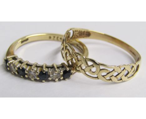 9ct gold diamond and sapphire ring - ring size O - total weight 1.8g &amp; 9ct gold ring with plaited&nbsp;design - ring size
