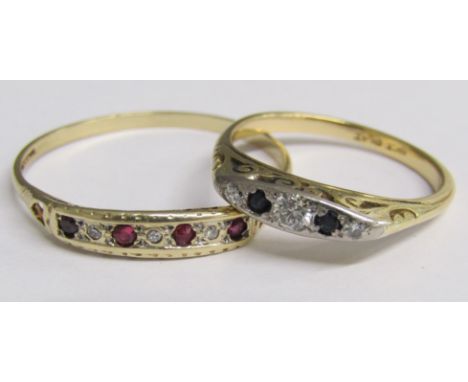 2 gold rings - 18ct diamond and sapphire - ring size O - total weight 2.9g &amp; 9ct gold diamond and ruby ring - ring size Z