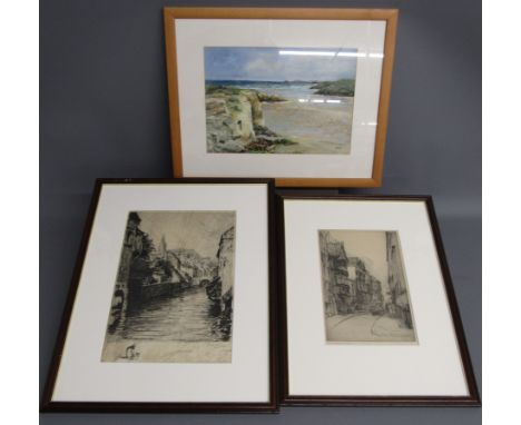 Chalk drawing signed BME of cliffs and beach, 1929 etching 'Mary-Le-Port street, Bristol with signature to bottom right and o