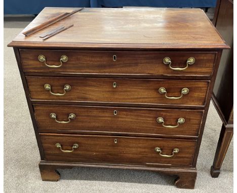Georgian mahogany chest of drawers with brass swan neck handles on bracket feet (molding missing / come off along one edge) H
