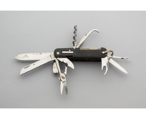 A SPORTSMAN’S KNIFE, JOHN PETTY &amp; SONS, SHEFFIELD, LATE 19TH CENTURY with thirteen folding elements including signed pen 