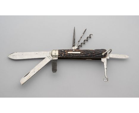 A SPORTSMAN’S KNIFE, JOHN PETTY &amp; SONS, SHEFFIELD, LATE 19TH CENTURY with eight folding elements including signed pen bla