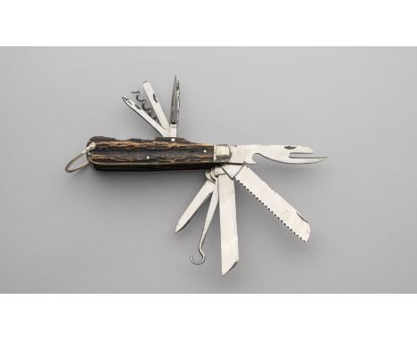 A SPORTSMAN’S KNIFE, JOHN PETTY &amp; SONS, SHEFFIELD, LATE 19TH CENTURY with ten folding elements including signed pen blade