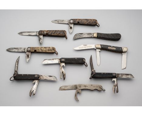 NINE VARIOUS CLASP KNIVES, 20TH CENTURY the first R. F. Mosely, Sheffield, with two folding blades and staghorn scales; anoth