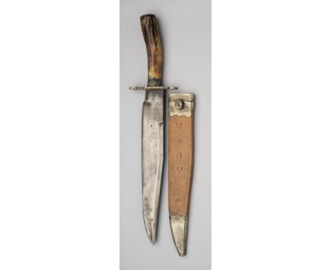 A BOWIE KNIFE, TEMPORAL, SHEFFIELD, LATE 19TH CENTURY AND LATER with broad blade formed with a three-quarter length clipped-b