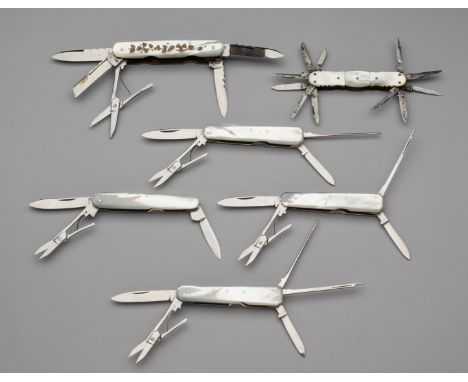 A MOTHER-OF-PEARL MOUNTED FOLDING SPORTSMAN’S KNIFE, JOHN PETTY, SHEFFIELD, LATE 19TH/EARLY 20TH CENTURY AND FIVE FURTHER MOT
