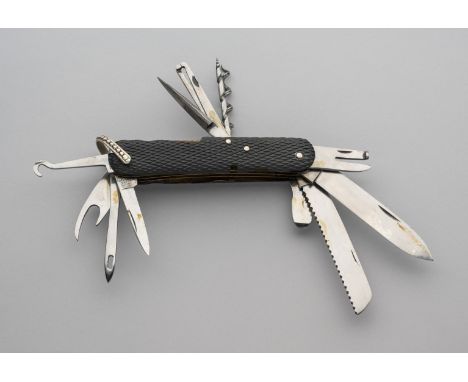 A SPORTSMAN’S KNIFE, JOHN PETTY &amp; SONS, SHEFFIELD, LATE 19TH CENTURY with twelve folding elements including signed pen bl