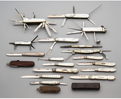 A MOTHER-OF-PEARL MOUNTED SILVER FRUIT KNIFE, J. DEAKIN &amp; SONS, SHEFFIELD, 1834 AND FIFTEEEN FURTHER SMALL FOLDING KNIVES