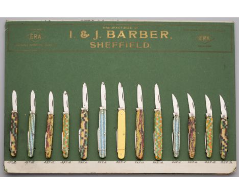 A SALESMAN’S DISPLAY OF THIRTEEN POCKET KNIVES, I. &amp; J. BARBER, SHEFFIELD, CIRCA 1920-8 comprising thirteen knives with f