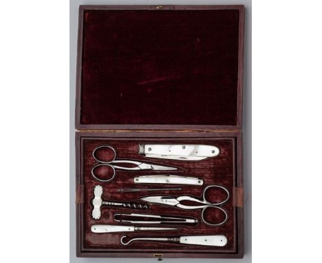 A MOTHER-OF-PEARL MOUNTED MANICURE SET, MACDANIEL, OXFORD STREET, EARLY 20TH CENTURY AND A CASED PAIR OF FRENCH SCISSORS, 20T