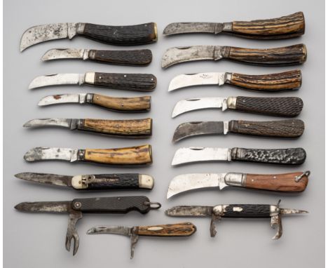 A PRUNING KNIFE, LOCKWOOD BROTHERS, SHEFFIELD, LATE 19TH EARLY 20TH CENTURY AND SIXTEEN FURTHER PRUNING AND OTHER KNIVES the 