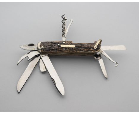 A SPORTSMAN’S KNIFE, JOHN PETTY &amp; SONS, SHEFFIELD, LATE 19TH CENTURY with thirteen folding elements including signed pen 