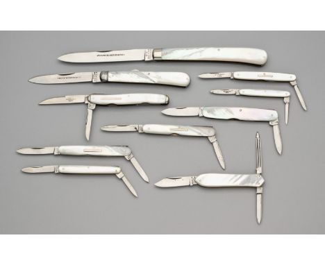 THREE MOTHER-OF-PEARL MOUNTED SMALL POCKET KNIVES, LOCKWOOD BROTHERS; SEVEN FURTHER MOTHER-OF-PEARL MOUNTED POCKET KNIVES AND
