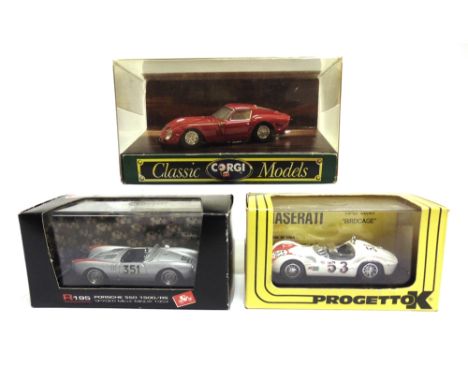 THREE 1/43 SCALE DIECAST MODEL CARS comprising a Progetto K No.026, Maserati Birdcage T60, white and red, racing number 53, R