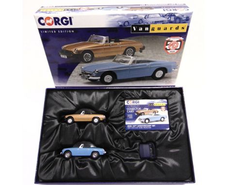 A CORGI VANGUARDS NO.MG1002, MGB 50TH ANNIVERSARY SET comprising Iris Blue Chassis No.101 and Bronze Metallic Chassis No.5320