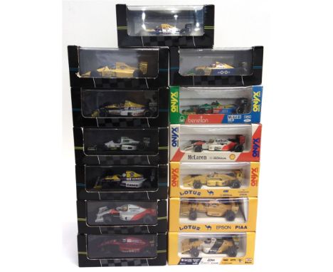 THIRTEEN 1/43 SCALE ONYX DIECAST MODEL FORMULA 1 RACING CARS each mint or near mint and boxed.
