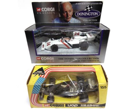 TWO CORGI RACING CARS  comprising a No.155, UOP Shadow, black, racing number 17; and No.97373, Hesketh 308 Ford Cosworth, whi