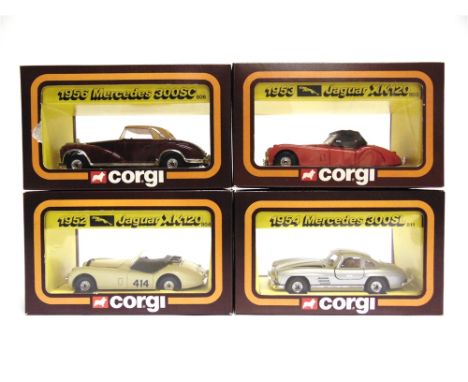 FOUR CORGI CARS OF THE 50'S comprising a No.803, 1953 Jaguar XK120, red; No.804, 1952 Jaguar XK120, cream, racing number 414;