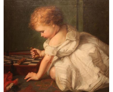 ENGLISH SCHOOL (19th Century), Portrait of a Child Playing with a Chess Board, oil on canvas, unsigned, 23" x 26", gilt frame