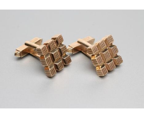 A PAIR OF 9CT GOLD CUFFLINKS, the square panels with hob-nail type cutting with hinged fasteners, maker K Weiss, London 1971,