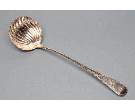 A LATE GEORGE III SILVER SOUP LADLE, maker's mark RT, London 1813, with shell bowl and foliate bright cut engraved handle enc