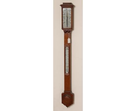 AN OAK CASED STICK BAROMETER by C. Baker, High Holborn, London, with ivory registers and detachable thermometer, the case wit