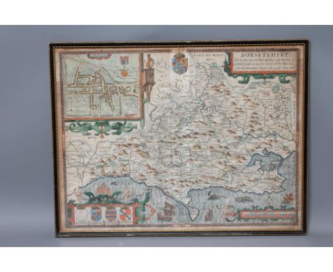 JOHN SPEED AND JODOCUS I HONDIUS (16th/17th Century), "Dorsetshyre ... 1610", engraved hand coloured map from John Speed's "T