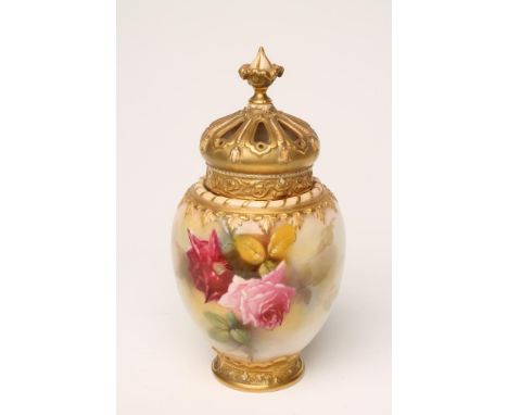 A ROYAL WORCESTER CHINA POT POURRI, 1917, of ovoid form with "crown" outer cover, painted in enamels with full blown pink and