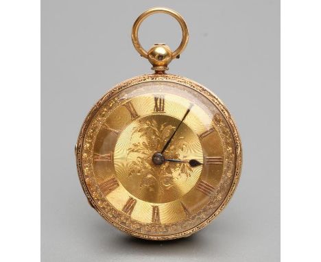 A MID VICTORIAN GENTLEMAN'S KEY WIND 18CT GOLD FOB WATCH, the gilt dial with Roman numerals to the engine turned chapter ring