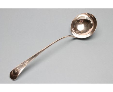 A LATE GEORGE III SILVER SOUP LADLE, maker possibly Thomas Ollivant, London 1792, in Old English pattern, engraved with initi