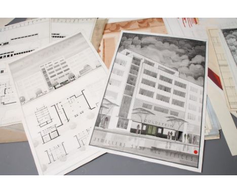 TWO LARGE PORTFOLIOS OF ARCHITECTURAL DRAWINGS by the artist T. Hughes Lodge, featuring domestic and commercial buildings, la
