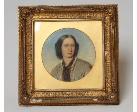 ENGLISH SCHOOL (19th Century), Portrait of a Young Woman, head and shoulders, oil on board, unsigned roundel, 8 1/2", swept g