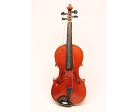 A VIOLA with one piece back, pine fascia with notched sound holes, ebony turning pegs, unmarked and unlabelled, back 15 1/2" 