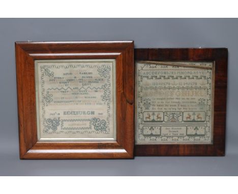 A GEORGE IV SAMPLER, 1828, worked by Amy Elizabeth Denmark, aged 9, in green and brown silks with upper case alphabet on a li