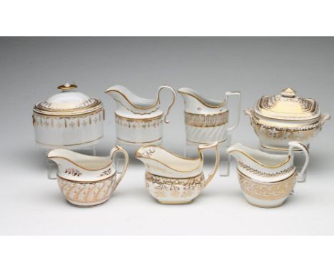 A COLLECTION OF LATE 18TH CENTURY ENGLISH PORCELAIN GILDED TEA WARES, comprising a John Rose Coalport Feltspar sucrier and co