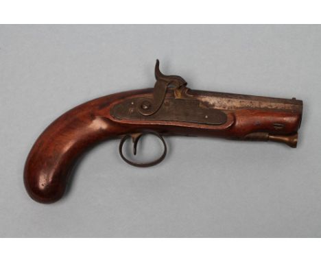 A PERCUSSION PISTOL by Jones, 19th century, with 4" octagonal sighted barrel inscribed "London", foliate scroll engraved acti