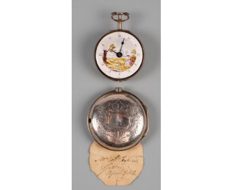 A LATE GEORGE III SILVER PAIR CASED POCKET WATCH, the white enamel dial centrally painted in colours with a seated shepherdes
