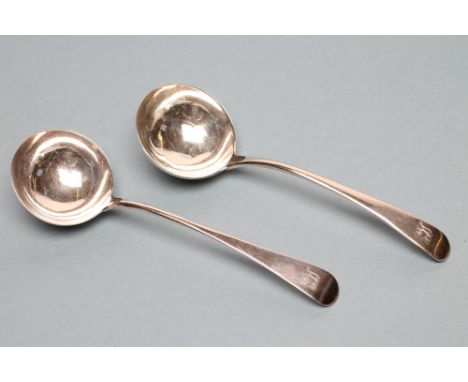 A GEORGE III SILVER SAUCE LADLE, maker's mark possibly IL, London 1780, together with another, marks indistinct, in Old Engli