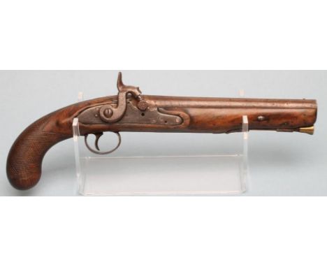 A PERCUSSION PISTOL, early 19th century, with 9" barrel proof marked and sighted, action converted from flintlock signed Twig
