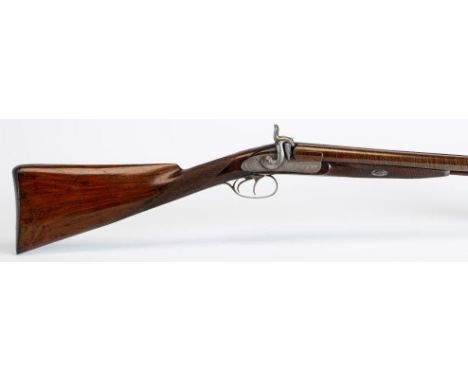 A PERCUSSION DOUBLE BARRELLED SPORTING GUN, 19th century, with 31 3/4" sighted damascus barrels, foliate scroll engraved acti