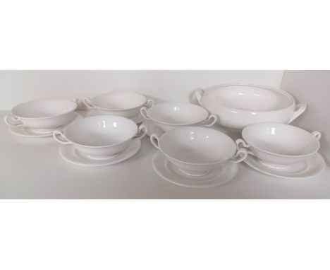 SPODE BONE CHINA WHITE SOUP BOWLS AND PLATE AND A TUREEN NO LID 13 PIECES